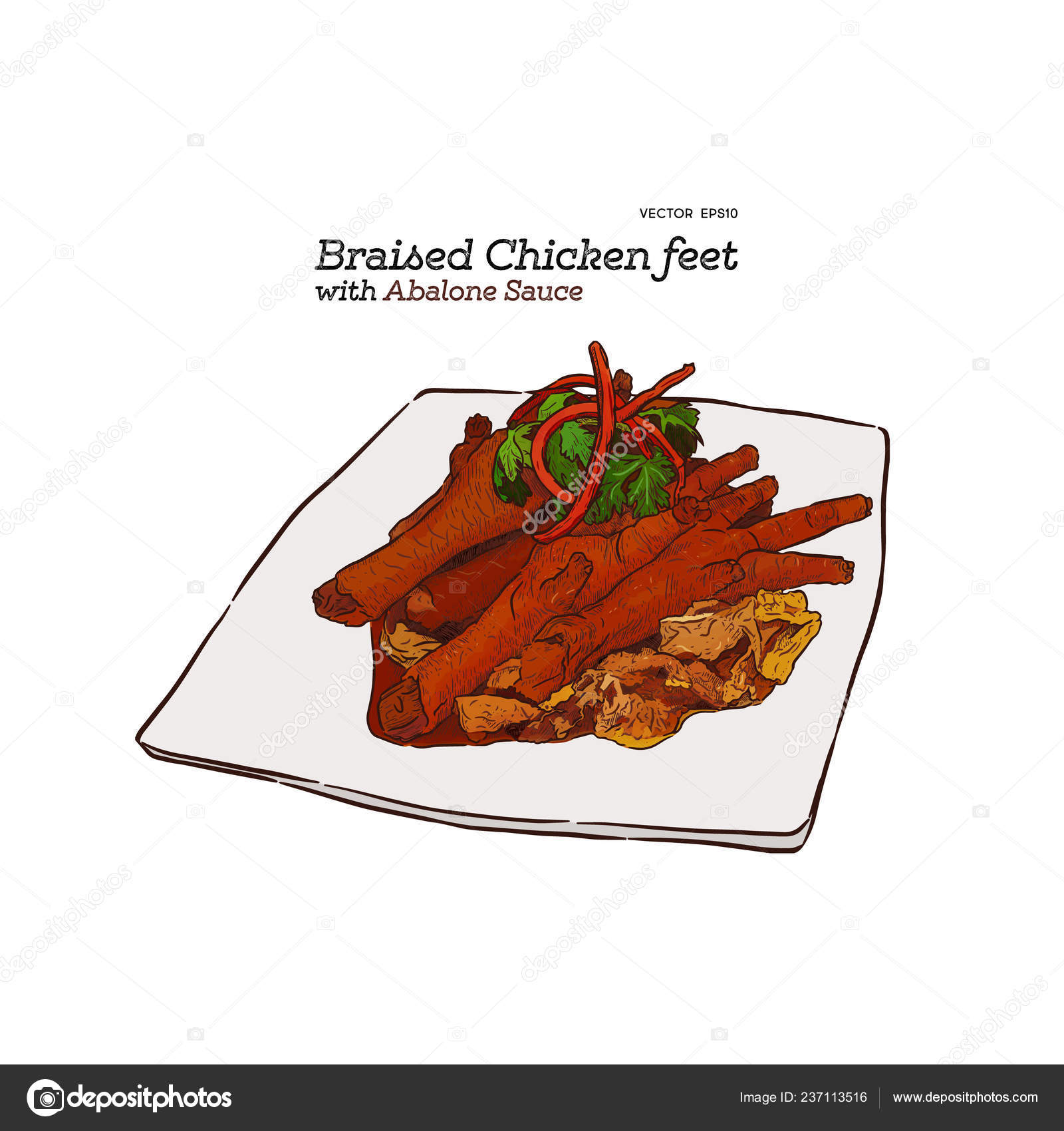 Braised Chicken Feet Abalone Sauce Chinese Food Hand Draw Sketch Stock