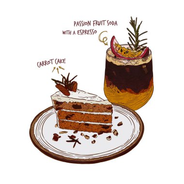 Havuçlu kek ve tutku meyve tozu ile Espresso kahve, el çizmek sketch vektör. Menü pasta cafe içeceği ile ayarla
