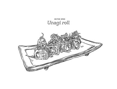 Japon geleneksel yemekleri, Unagi suşi roll. El çizmek sketch vektör.