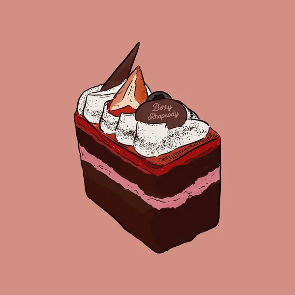 Pièce Gâteau Chocolat Avec Glaçage Baies Fraîches Dessin Main Vecteur — Image vectorielle