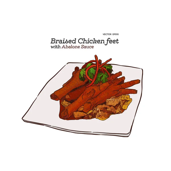 Párolt Csirke Láb Abalone Mártással Kínai Élelmiszer Kézzel Húz Vázlat — Stock Vector