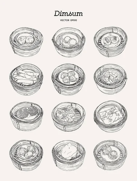 Dim Sum Bambusowym Koszyku Zestaw Ilustracja Wektorowa Kuchni Chińskiej — Wektor stockowy