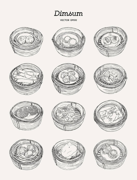 Dim sum in bamboo basket set. Vector illustration of Chinese cuisine.