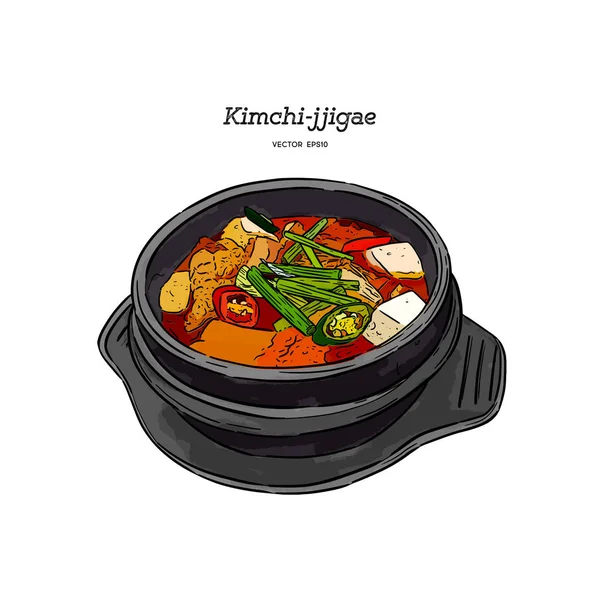 Korean Comida Tradicional Kimchi Guiso Kimchi Jjigae Dibujo Mano Vector — Vector de stock