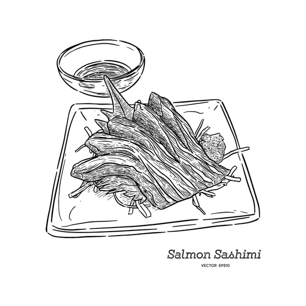Lax Sashimi Fisk Traditionell Japansk Stil Hand Rita Skiss Vektor — Stock vektor