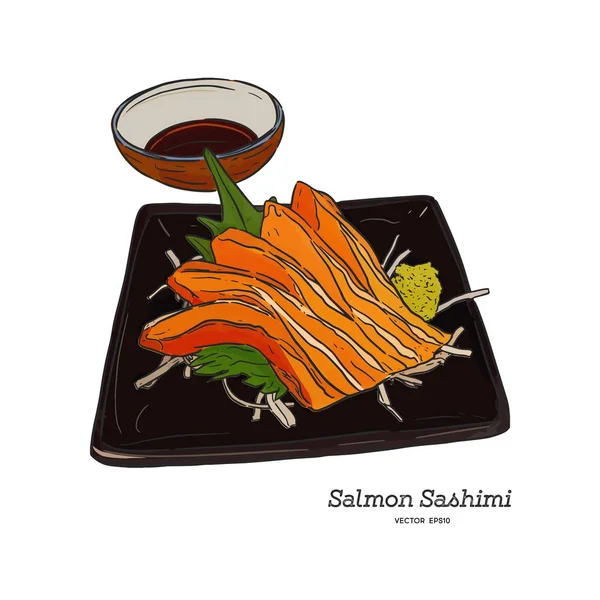 Sashimi Salmão Peixe Cru Estilo Japonês Tradicional Desenho Manual Esboço — Vetor de Stock