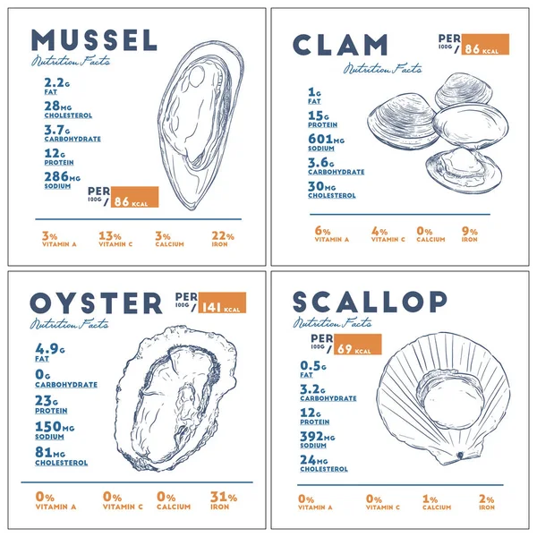 Set Nutrition Facts Mussel Clam Oyster Scallop Hand Draw Sketch — Stock Vector