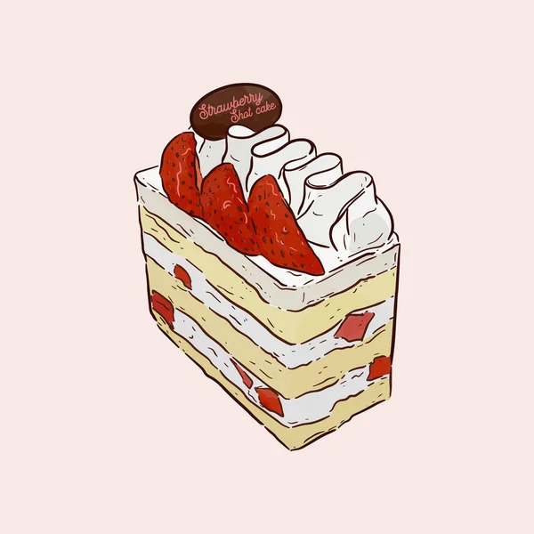 Pièce Shortcake Fraise Garnie Une Fraise Fraîche Dessin Main Vecteur — Image vectorielle