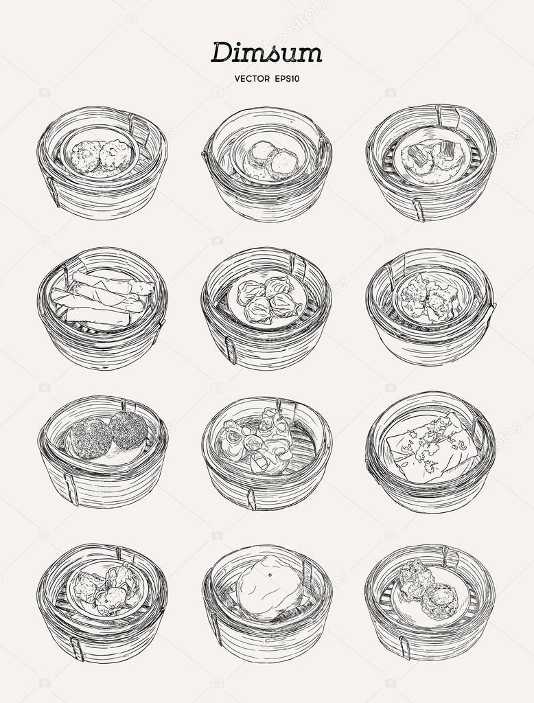 Dim sum in bamboo basket set. Vector illustration of Chinese cuisine.