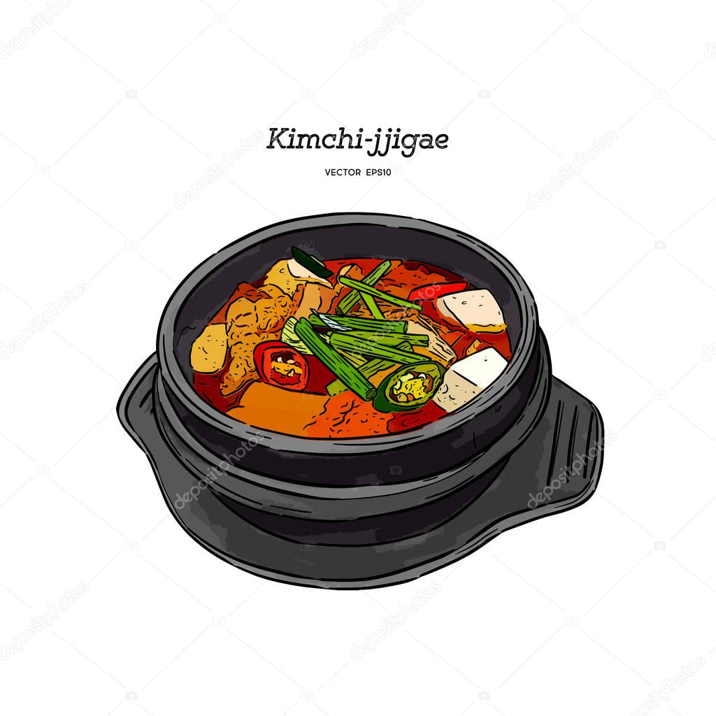 korean traditional food kimchi stew, kimchi jjigae, hand draw sketch vector.