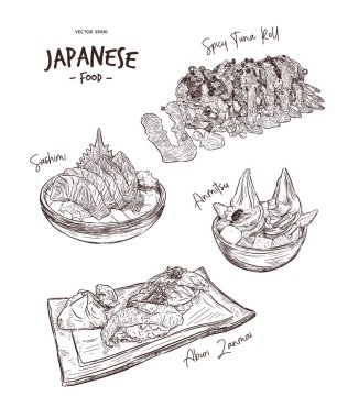 Japon gıda, el çizmek sketch vektör kümesi. Baharatlı ton balığı rulo, Ramen, somon balığı, Aburi zanmai ve Anmitsu yumuşak hizmet.