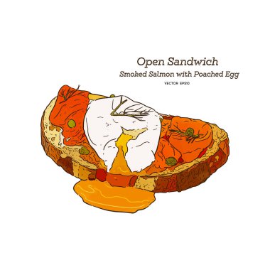Haşlanmış yumurtalı sandviç ile somon duman, yüz sandviç aç. El çizmek sketch vektör.