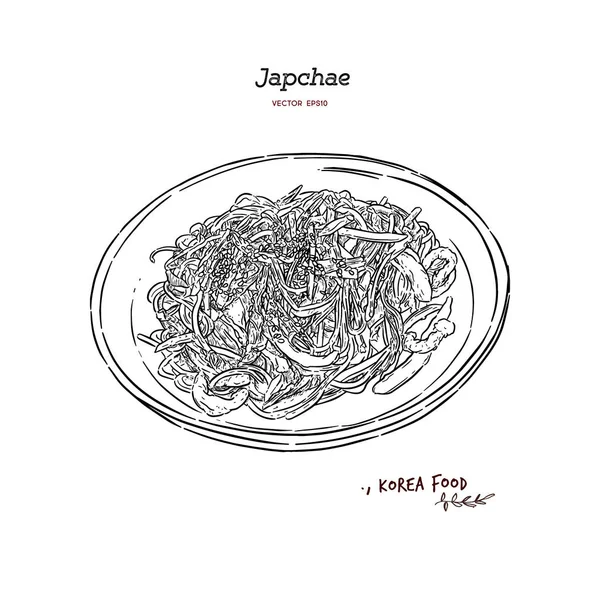 Лапша Овощи Japchae Korea Food Ручной Рисунок Вектора — стоковый вектор