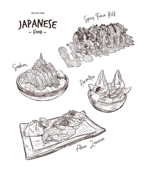 日本食 手描きスケッチ ベクトルのセットです スパイシーツナ ロール ラーメン サーモン刺身 あぶり三昧とあんみつソフトを提供 — ストックベクタ