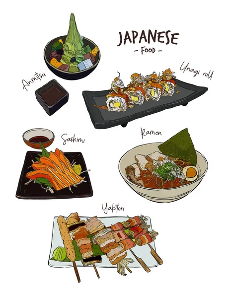 Conjunto Comida Japonesa Desenho Mão Vetor Esboço Unagi Roll Ramen — Vetor de Stock