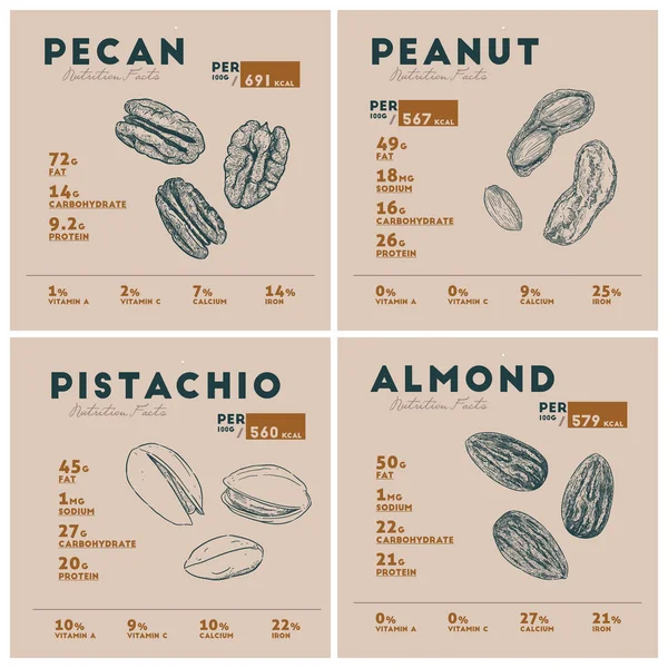 Nutrition Facts Nut Pecan Amendoim Pistache Amêndoa Mão Desenhar Esboço — Vetor de Stock
