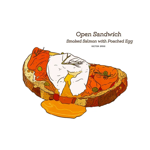Salmón Ahumado Con Sándwich Huevo Escalfado Sándwich Cara Abierta Dibujo — Archivo Imágenes Vectoriales