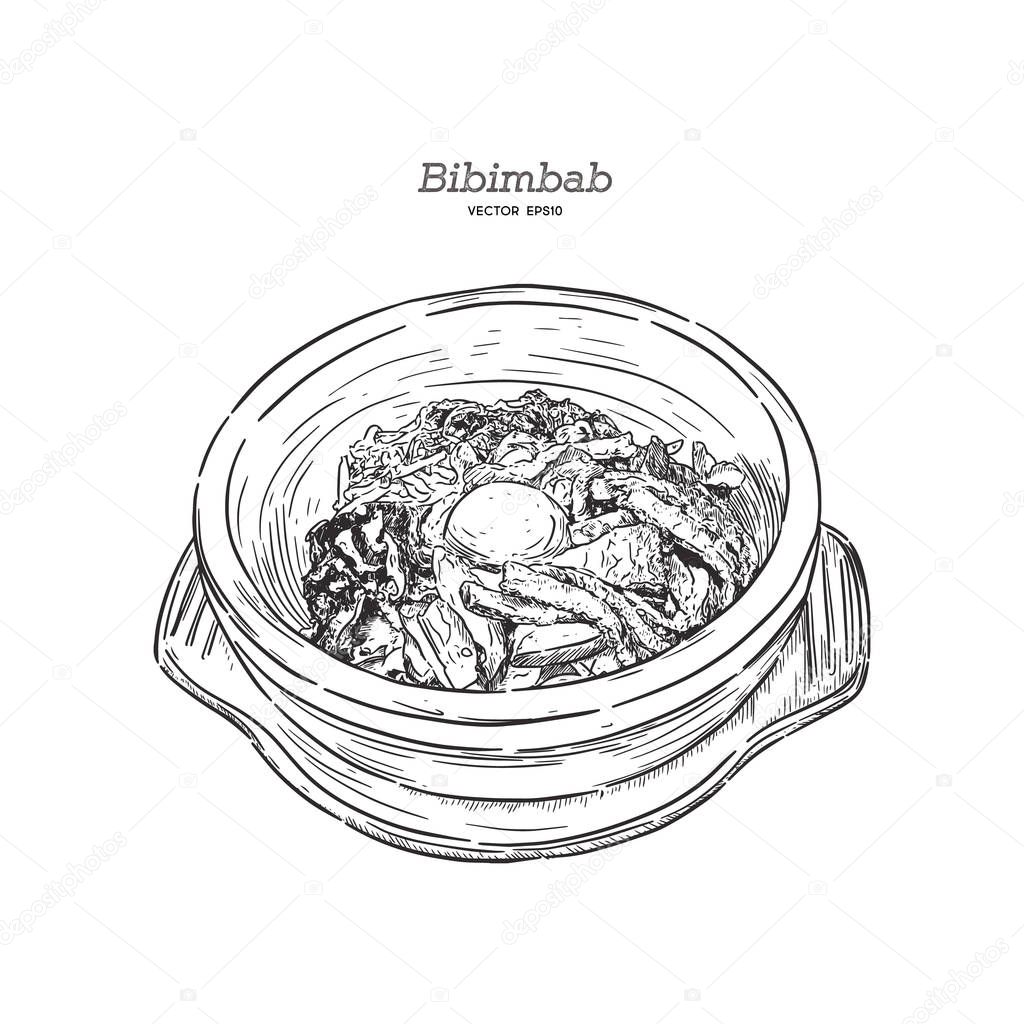 Bibimbab, hand draw sketch vector. Bibimbab is korean style of Mixed vegetables and beef rice in stone bowl. 