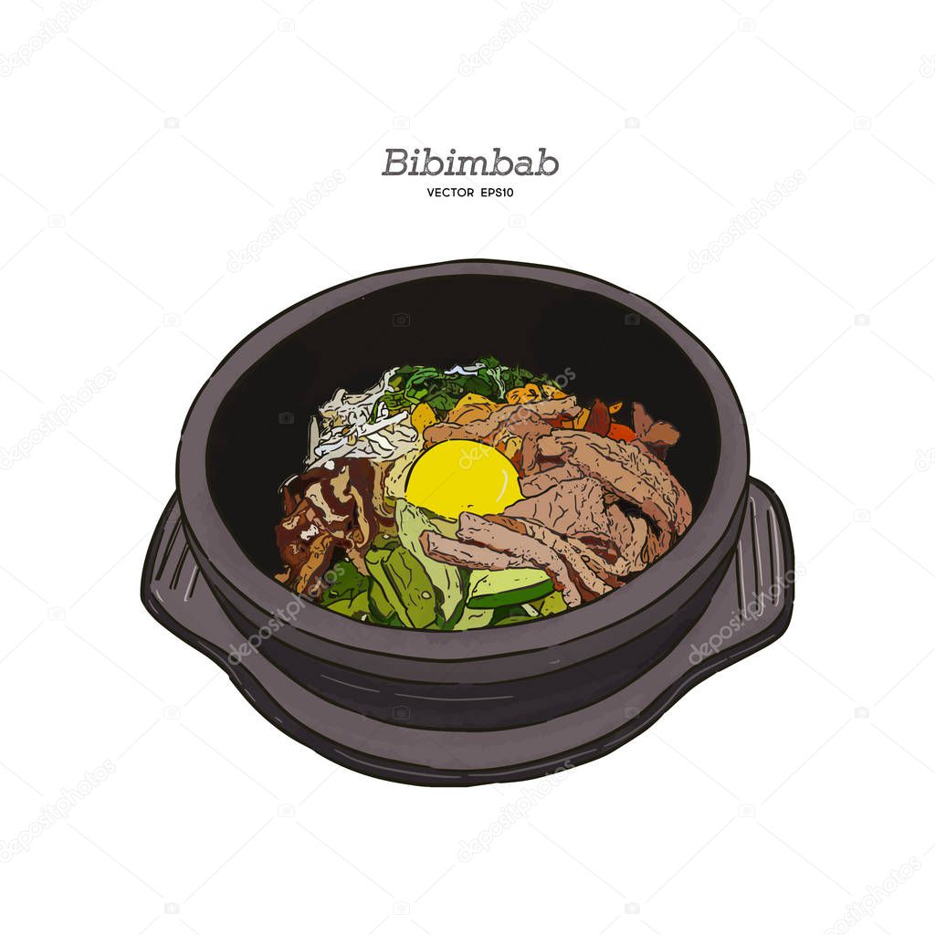 Bibimbab, hand draw sketch vector. Bibimbab is korean style of Mixed vegetables and beef rice in stone bowl. 