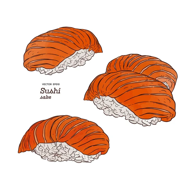 Zestaw sushi z łososiem, nigiri. ręcznie rysować szkic wektor — Wektor stockowy