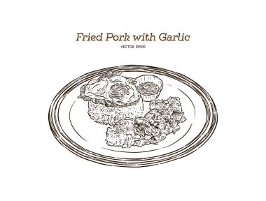 Tay tarzında gıda, domuz eti gevrek sarımsak ile kızarmış, vektör.