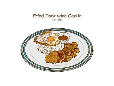 Tay tarzında gıda, domuz eti gevrek sarımsak ile kızarmış, vektör.