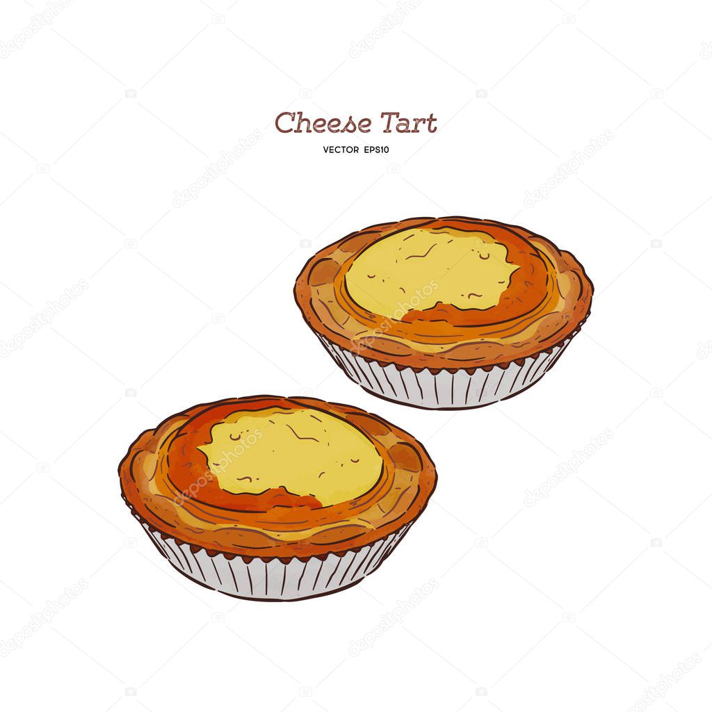 Baked cheese tart, hand draw sketch vector.