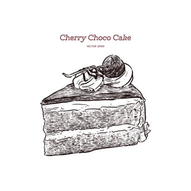 Çikolatalı vişneli kek, el çizim kroki vektörü.