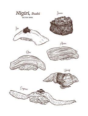 Nigiri seti, el çizim çizim vektörü.
