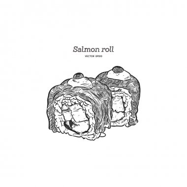 Somon suşi roll, el çizmek sketch vektör.