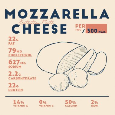 Mozzarella peyniri beslenme gerçekler, el çizim kroki vektör.