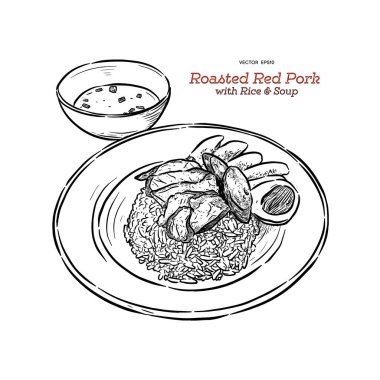 Pirinç üzerinde kavrulmuş kırmızı domuz eti, el çizim kroki vektörü çizmek.