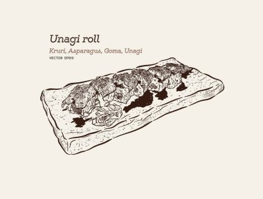 Unagi rulo, el çizim kroki vektörü.