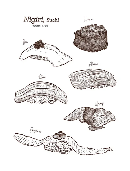 Conjunto Nigiri, desenho à mão vetor de esboço . — Vetor de Stock