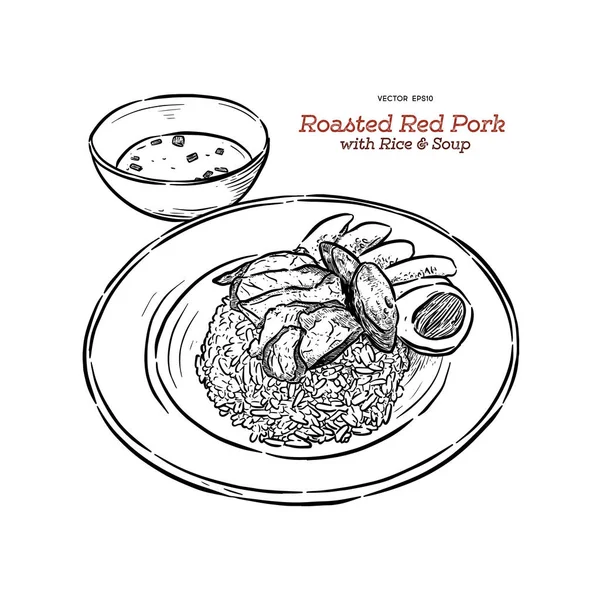 Porco vermelho assado em arroz, desenho à mão vetor de esboço . —  Vetores de Stock