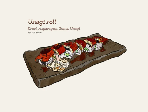 Вектор ескізу рук Unagi roll . — стоковий вектор