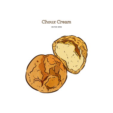 Krema ile lezzetli kremalı puf kek, el çizmek kroki vektör.