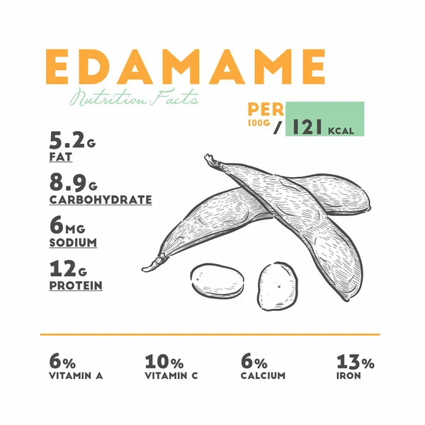 Nährwertfaktoren von edamame, Skizzenvektor für Handzeichnung. — Stockvektor