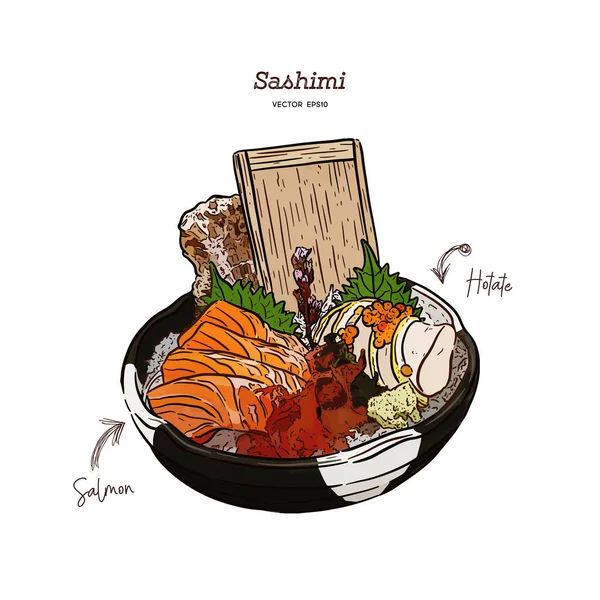 Salmon dan Sashimi Hotate, melayani di Bowl besar dengan es dan seawe - Stok Vektor