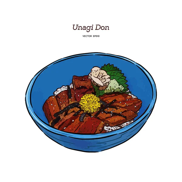 Unagi Donburi. Cocina japonesa, anguila a la parrilla con salsa dulce  . — Vector de stock