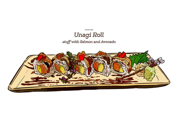 Comida tradicional japonesa, Unagi roll sushi. Desenho à mão desenho ve —  Vetores de Stock