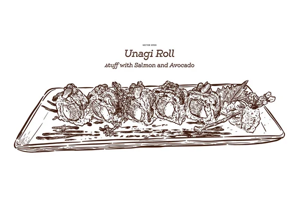 Comida tradicional japonesa, sushi Unagi roll. Dibujo a mano ve — Vector de stock