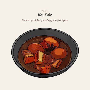 Tayland mutfağı Domuz Göbeği ve Yumurta beş baharat ile. el çizmek sketc