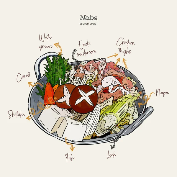 Nabe, Japon güveç. el çizim çizim vektörü.