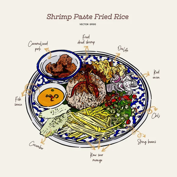 ข้าวผัดไทยกับกุ้งทอด ข้าวผัดกะกอก มือวาด ske — ภาพเวกเตอร์สต็อก