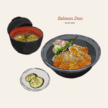 somon donburi seti, el çizmek kroki vektörü.