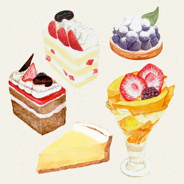 Akwarela ręcznie malowane słodkie i smaczne ciasto — Wektor stockowy