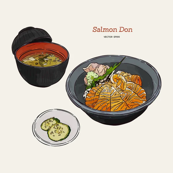 Conjunto de donburi salmão, desenho à mão vetor esboço . — Vetor de Stock