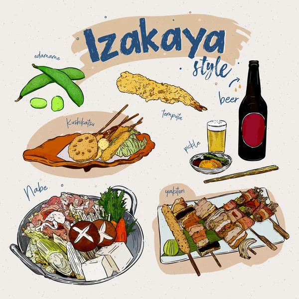 Japanska mat element, Izakaya stil. hand Rita skiss vektor. — Stock vektor