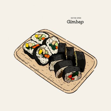 Kore geleneksel yemek gimbap. Kore suşi. Vektör el çizimillüstrasyon.